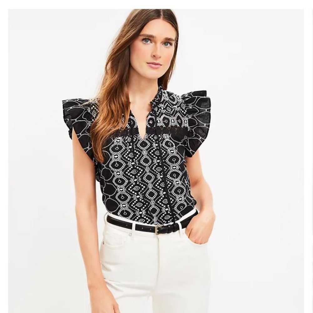 The Loft - NWT Embroidered Ruffle Tie Neck Top - Black & White Gorgeous